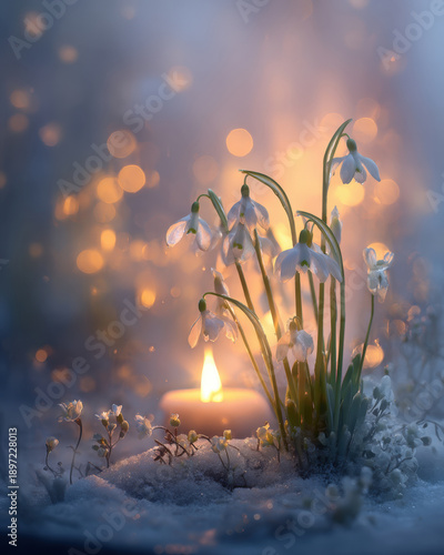Delicate white snowdrop flowers blooming through fresh snow with a warm burning candle and golden bokeh light in a dreamy winter garden setting, ethereal seasonal atmosphere for holiday greeting