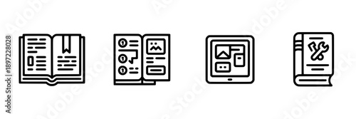Books icons set with line art illustrations depicting open books, page layouts, digital content, and reading materials in minimalistic style for educational or digital interfaces