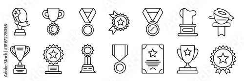 Medals line icon set with outline sketches depicting various award designs, medals with ribbons, ribbons with stars, and trophy representations in minimalistic style for recognition symbols