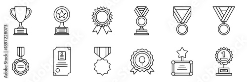 Medals line icon set with minimalist outline style, black and white color, award symbols and achievement badges, flat design, suitable for sports, competitions, recognition purposes