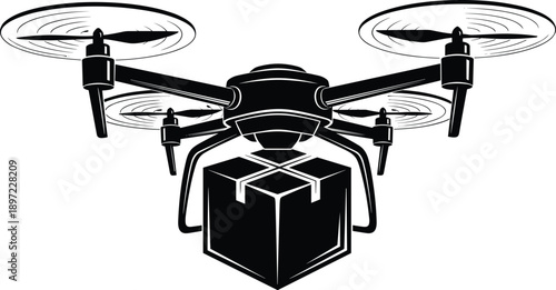 Black and white vector illustration of a flying delivery drone carrying a cardboard package box isolated on white background for modern logistics and shipping technology.