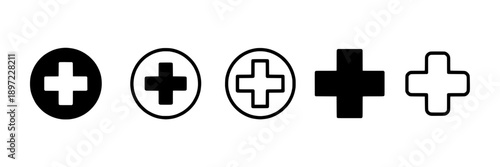 Cross symbols linear icons with outline and filled styles in black and white, minimalist design for medical, healthcare, and signage applications, simple graphic elements for user interfaces