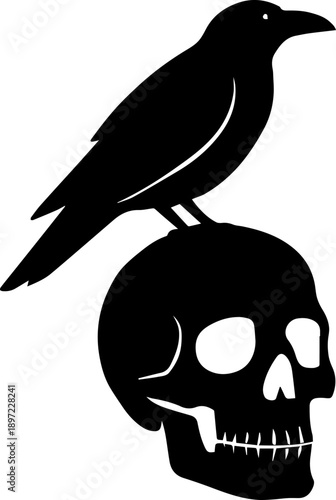Crow on Skull Silhouette Dark Gothic Symbol Death Mystery Illustration