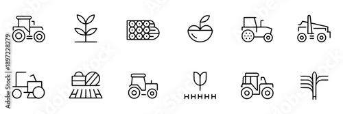 Tractors icons with simple line art style representing farming machinery, agricultural activities, sustainable farming practices, green economy, minimalistic design suitable for digital interfaces