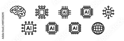 Brains and microchips with artificial intelligence symbols and globe representing global AI technologies and interconnected systems in a modern digital concept.
