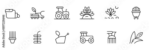 Plants line icons with minimalistic outline style depicting growth, leaves, sprouts, and gardening tools for sustainable agriculture, eco-friendly landscaping, and botanical design applications.