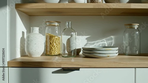 Modern Kitchen Shelf Arrangement With Natural Light And Shadow Play
