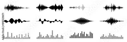 Waveform sound visualization with multiple amplitude patterns and frequency variations in black and white, abstract audio spectrum graphic for music, sound analysis, and digital art