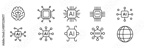 Icons AI microchip circuit with neural network connections, global web globe representation in minimalist line art style for technology, digital, artificial intelligence themes