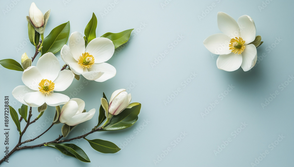 Fototapeta premium Three white magnolia blossoms with green leaves on grey textured background. Delicate spring floral branch with buds, top view, minimal style.