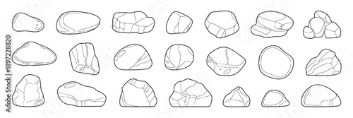 Rocks collection with various sizes, textures, and irregular shapes, hand-drawn line art style, monochrome, natural, geological, can be used for educational, design, or mapping purposes