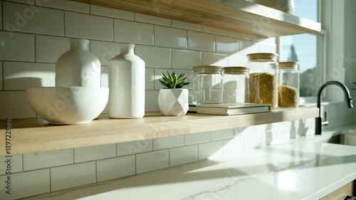 Modern Kitchen Shelf Decor With Natural Light And Storage Jars