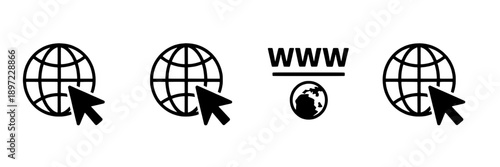 Globe icons with cursor arrows and www text representing internet access, global connectivity, or online browsing in simple black line style on white background