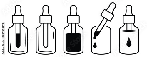 Dropper serum bottle skincare line icon set for cosmetic packaging