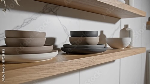 Modern Kitchen Shelf Display With Ceramic Dinnerware and Decorative Vases