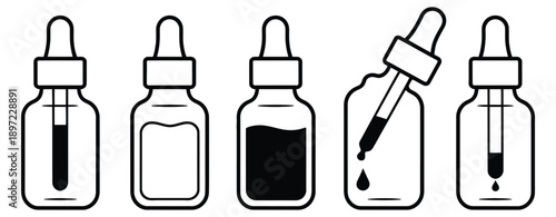 Dropper serum bottle skincare line icon set for cosmetic packaging