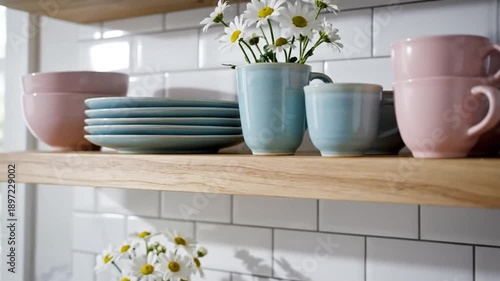 Modern Kitchen Shelf Display With Pastel Ceramic Dishes And Daisy Flowers