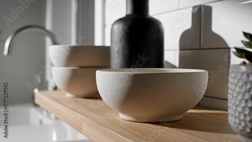 Modern Kitchen Shelf With Ceramic Bowls Succulent And Black Vase Sunlight Shadow Play