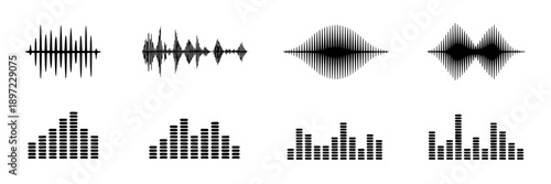 Sound waveforms visualized with symmetrical amplitude patterns and detailed frequency spectrum slices, representing audio signal analysis, data visualization, sound engineering, digital sound, and wav