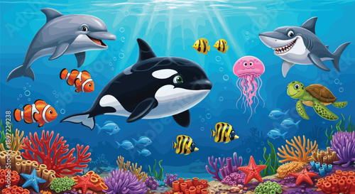 Colorful underwater ocean scene with cute cartoon animals including killer whale dolphin shark and sea turtle swimming over coral reef vector illustration background