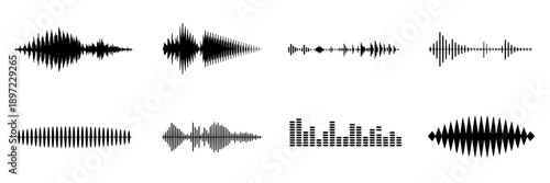 Waveform sound patterns with diverse oscillation shapes and varying amplitudes, digital audio visualization of multiple sound waves, graphical representation of audio signals, abstract sound design el