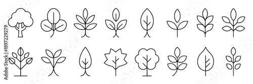 Trees line drawing set with simple black outlines, diverse leaf shapes, minimalistic style, botanical theme, scalable icons, nature symbols for environmental design, vector art