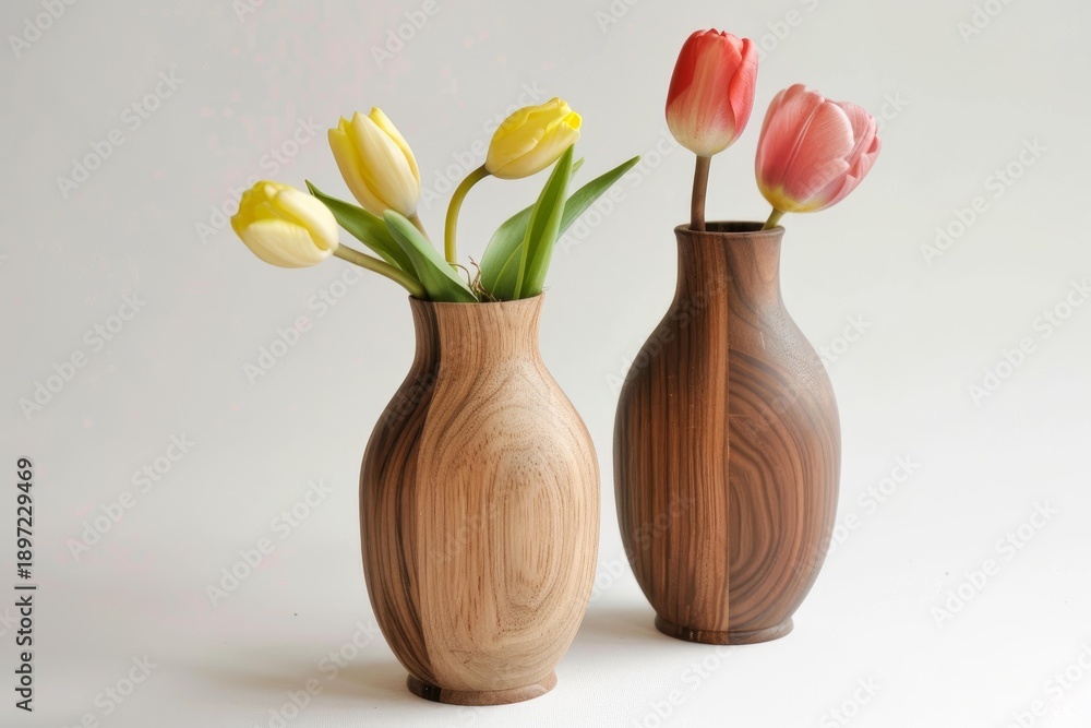 Fototapeta premium Two elegant wooden vases displaying vibrant tulips create a stylish still life against a clean white backdrop