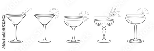 Glasses cocktail set with elegant stemware, detailed line art of martinis, margaritas, and mixed drinks, featuring lemon and lime garnishes, for bar menus or drink illustrations