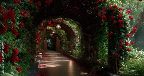 Romantic rose covered garden pathway with lush greenery and soft lighting