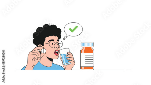 Young man wearing glasses taking a pill with a glass of water while a green checkmark bubble indicates correct medication usage.