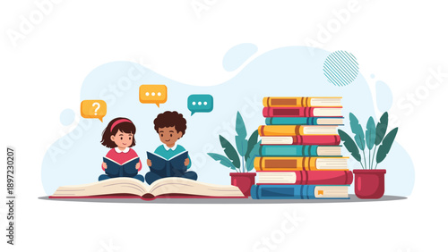 Two children sitting and reading books together in front of a giant stack of colorful books to encourage literacy and education.
