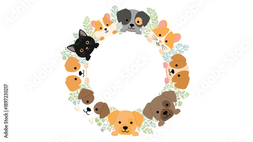 Decorative wreath made of various cute cartoon animals like dogs, cats, and hamsters surrounded by delicate green leaves.
