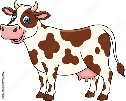 Happy brown and white spotted dairy cow cartoon character standing and smiling for agriculture and farming logo mascot isolated on a white background.
