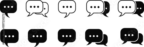 Chat bubble icon set in black and white, speech and message symbols for communication, conversation, messaging apps, and social media design concepts