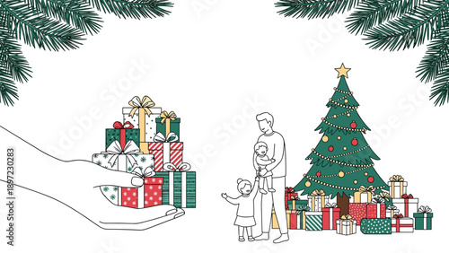 Large hand delivering a stack of colorful Christmas presents to a happy family standing next to a decorated evergreen tree.