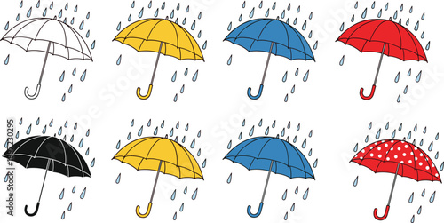 Colorful umbrella icon set with falling rain, weather protection symbols in flat style for forecast, rainy season, and climate design concepts