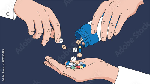 Medical professional pours variety of pharmaceutical pills from blue bottle into patient hand for medication treatment and healthcare concept.