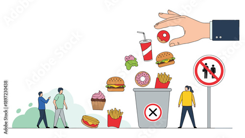 Healthy lifestyle choice shown as giant hand tosses junk food like burgers and donuts into trash bin away from people and warning signal sign.