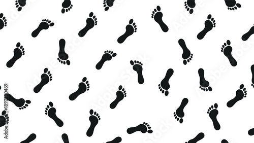 Black human footprints are scattered across white background in seamless pattern representing walking tracking or detective investigation themes.