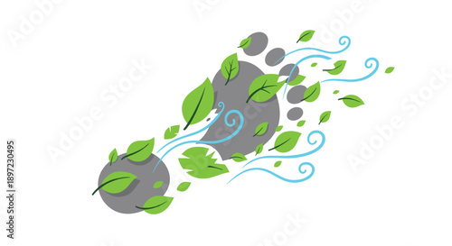 Ecological Footprint Concept with Grey Footprint Surrounded by Lush Green Leaves and Blue Wind Swirls for Environmental Impact Awareness Illustration, Generative AI.
