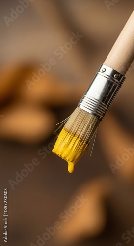 Close-Up of Paintbrush with Yellow Paint Dripping on Brown Background