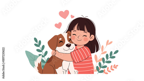 Adorable young girl hugs her brown and white pet dog with pink hearts floating above them showing love and bond between children and animals.