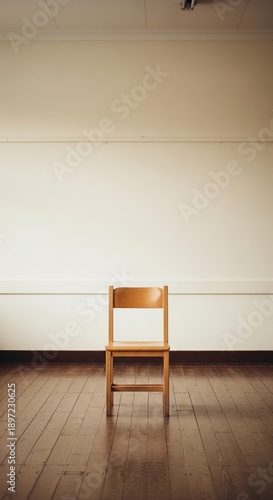 Minimalist Wooden Chair in Empty Room with Light Wooden Floor and Blank Wall Space