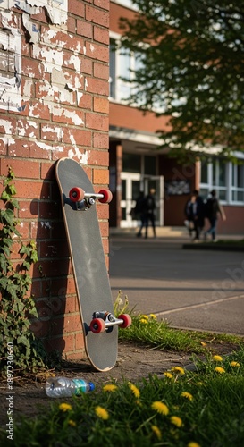 Skateboard Leaning Against Red Brick Wall with School Background and Green Grass