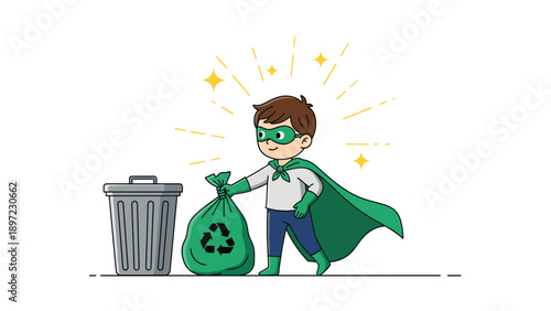 Young boy wearing green superhero cape and mask takes out bag of recycling to trash bin teaching environmental responsibility and green habits.