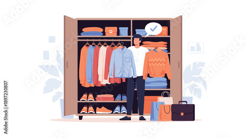 Man stands in front of open wardrobe choosing between shirts and sweaters while organizing clothes and shoes for morning dressing routine at home.