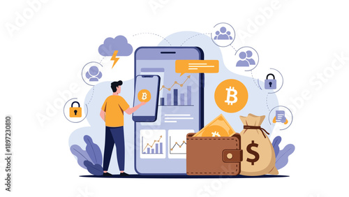Mobile cryptocurrency trading concept shows man using smartphone app to manage bitcoin investment with wallet icons and financial growth charts.