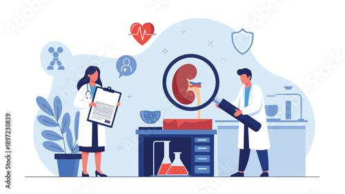 Team of medical scientists in laboratory use magnifying glass to examine human kidney model while analyzing data for renal research and health.
