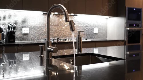 Modern Kitchen Sink Faucet Flowing Water Sleek Design High Demand Stock Footage