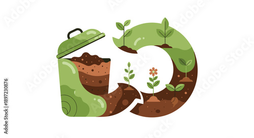 Circular Composting Process Illustration with a Green Bin Soil Layers and Sprouting Plants for Sustainable Waste Management and Organic Gardening Concept, Generative AI.